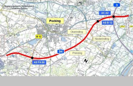 A 94 Kirchham Pocking (A 3) - Planung Bedarfsplan: Vordringlicher Bedarf (zweibahnig) Länge: 13,7 km Kosten: 155 Mio.