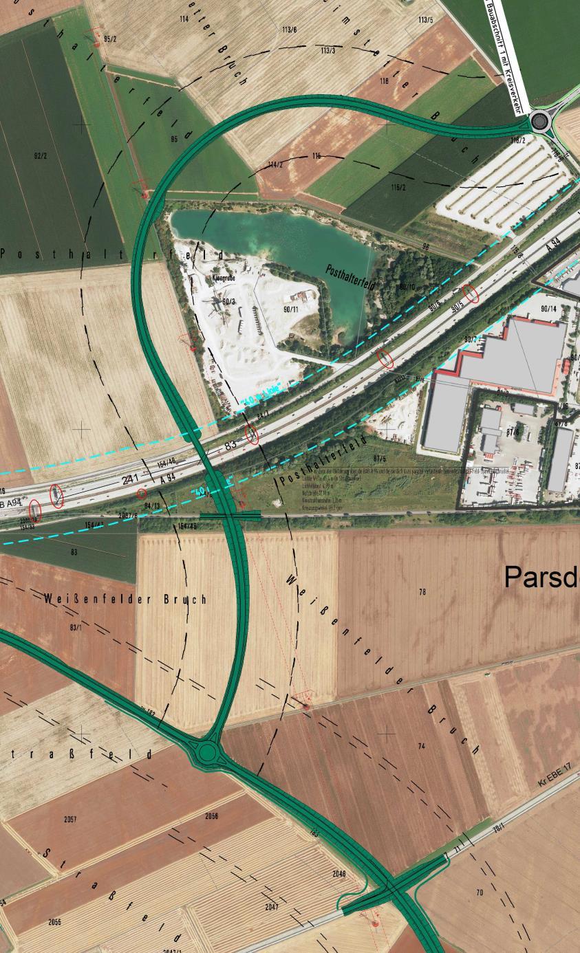 4. Vorstellung der Varianten Variante 7: ortsferne Führung (Abstand 200 m) OU Parsdorf nord-westlich um MKU- Fläche - nördlich abgesetzt keine Anbindung Ortsverbindungsstraße Länge: 5,8 km angepasste