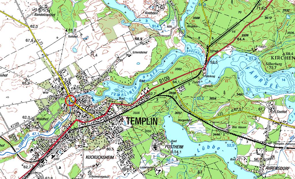 7.7.2 Wehr / Schleuse Templin Die Schleuse Templin befindet sich in der natürlichen Abflussrinne des Templiner Wassers (Kanals), das ein bedeutsames Einzugsgebiet aus Fließen und Seen insbesondere