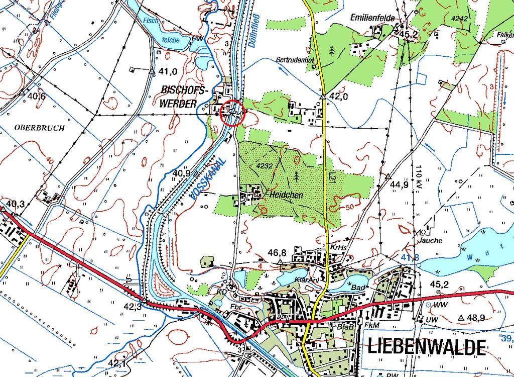 7.1.10 Schleuse Bischofswerder Die Schleuse, das Wehr und die Wasserkraftanlage (WKA) Bischofswerder befinden sich im Voss- Kanal nördlich von Liebenwalde.