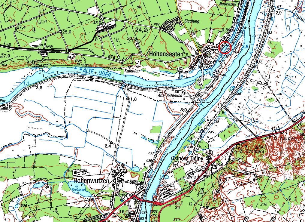 7.3 Stauanlagen der Alten Oder und Finow (Finow-Kanal) 7.3.1 Wehr / Schleuse Hohensaaten-West Das Wehr befindet sich östlich von Hohensaaten bzw. linksseitig der Westschleuse.