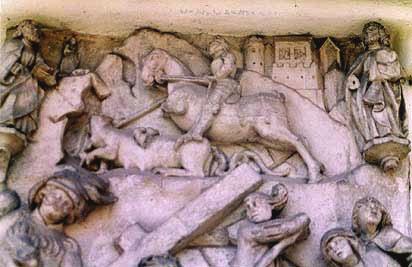 Im oberen Teil des Epitaphs kämpft der Heilige Georg (Schutzpatron der Ritter Krebel und Bauern Simon von Cyrene