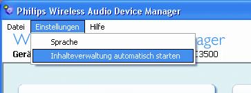 Rufen Sie im Hauptmenü Wireless Audio Device Manager das Pulldown-Menü Settings (Einstellungen) auf. Starten Sie WADM automatisch.