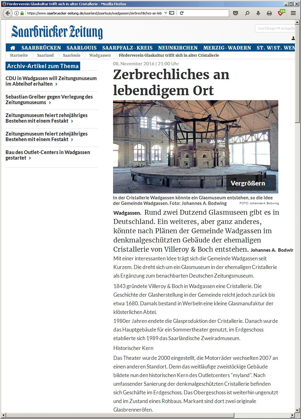 Pressglas-Korrespondenz 2017-1 Abb. 2017-1/49-02 Saarbrücker Zeitung / Völklingen und Warndt, 08.11.2016, Johannes A.