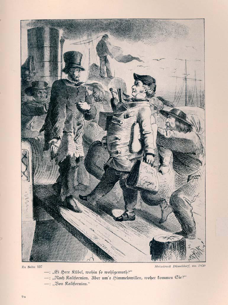 Begegnung zwischen einem Auswanderer und einem Rückwanderer (Düsseldorf um 1850) 1 Schau dir das Bild genau an und lies das kurze Gespräch der beiden Personen unter dem Bild.
