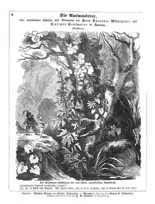 M 2 Karikaturserie Wühlhuber-Heulmeier ; Fliegende Blätter, München 1859-1861 In 21 Blättern, von denen hier 2 abgebildet sind, wird die Auswanderungsgeschichte der beiden Sachsen Wühlhuber und