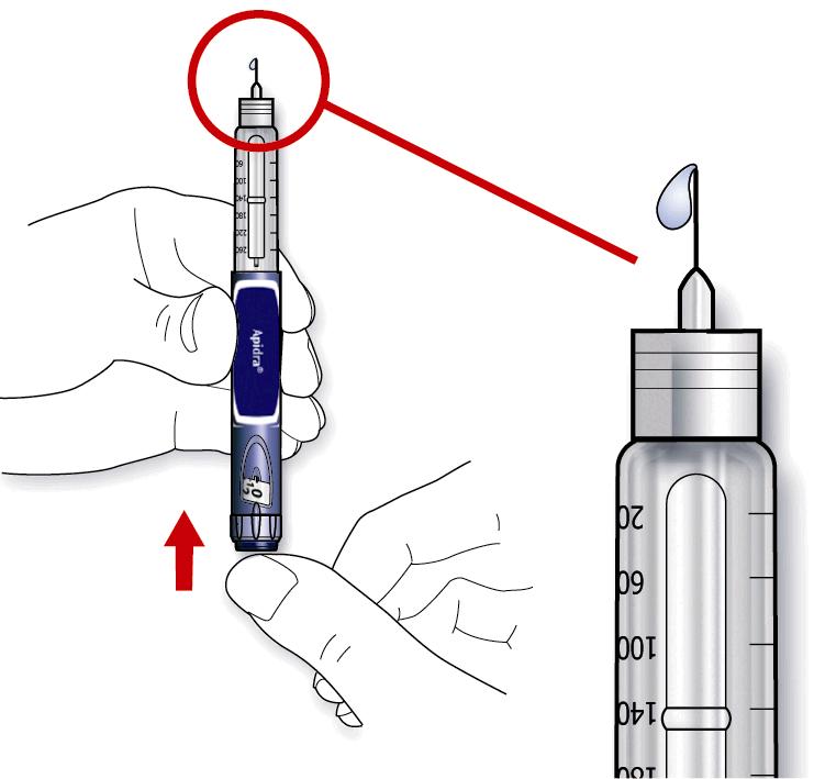 D. Klopfen Sie an den Insulinbehälter, damit eventuell vorhandene Luftblasen in Richtung Nadel steigen. E. Drücken Sie den Injektionsknopf vollständig ein.