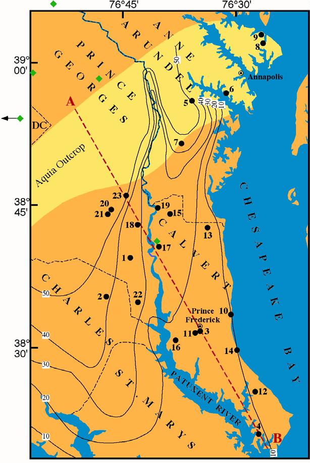 14 C im Grundwasser Aquia Aquifer, Maryland, USA Allgemeiner Trend ok (ähnlich wie Carrizo) Aber: Region mit sehr tiefen 14 C