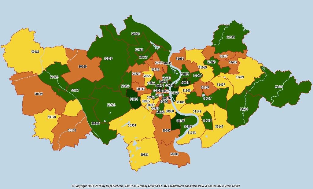Karte 2: Änderung Schuldnerquoten 2016 gegenüber dem Vorjahr in Köln und Umgebung nach Postleitzahlen Legende: Änderung Schuldnerquote 2016