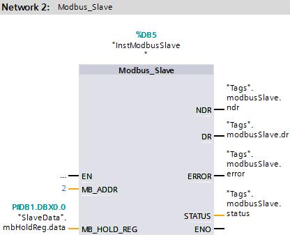 Über den Baustein Modbus_Master wird der anzusprechende MODBUS-Slave ausgewählt, der Funktionscode gewählt und der lokale Datenbereich festgelegt.