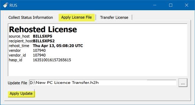 5. Apply Update (Update anwenden) anklicken, um den Transfer (re-hosting) der Lizenz vom alten auf den neuen PC zu bestätigen: 6.