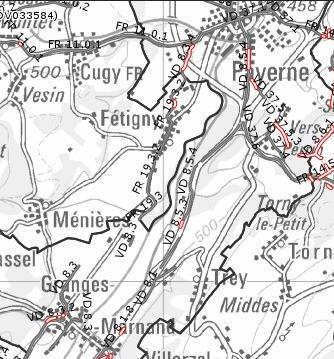 Abbildung 12: Lucens bis Granges-près-Marnand (IVS-GIS, 2012) Von Marnand her führte dann nur noch eine Landstrasse direkt auf das Städtchen Payerne zu, welche daher mit Sicherheit auch die