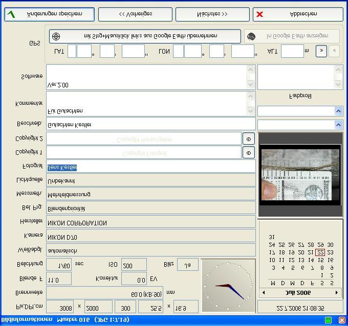 Exif-Daten Ein Bild in der Bildansicht markieren Leertaste drücken Exif-Daten (Exchangeable Image File Format) sind Informationen, die die Kameras bei der Aufnahme speichern und so dem Anwender