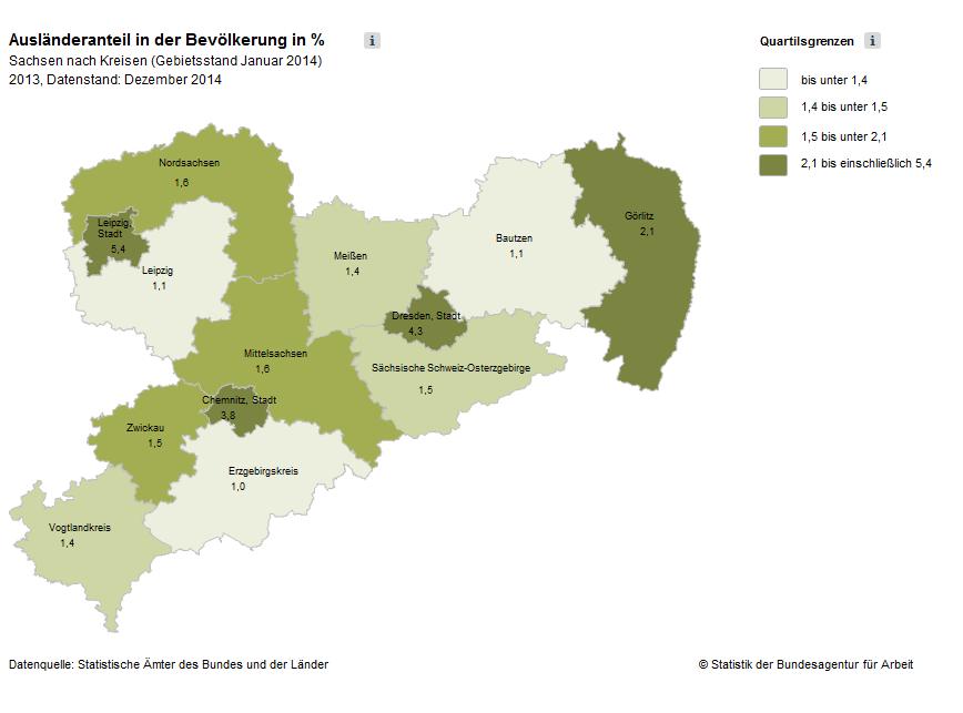 Wählt man als Wertebereich für die Quartilsgrenzen Ausgewählte Region statt Deutschland aus, so zeigt sich ein anderes Bild: Die Karte für Sachsen ist nun gleichmäßig in alle vier Farbstufen