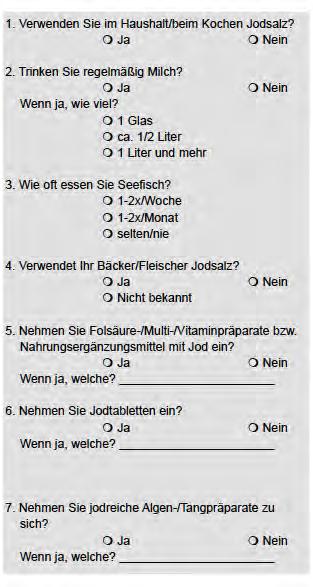 Fragen zur Jodanamnese (aus Merkblatt: Jod, Folsäure und Schwangerschaft Ratschläge für Ärzte.