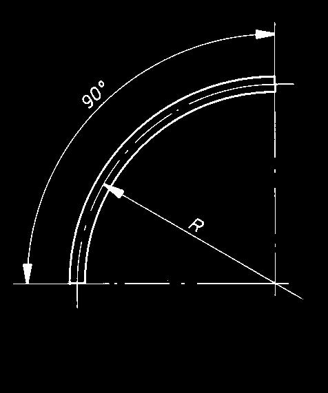 Zur horizontalen Richtungsänderung des Bahnverlaufs. Ausführung mit geraden Enden bei R = 250 bis 800 mm. Ausführung ohne gerade Enden ab R = 1000 mm. Radius Gestreckte Länge Für max.