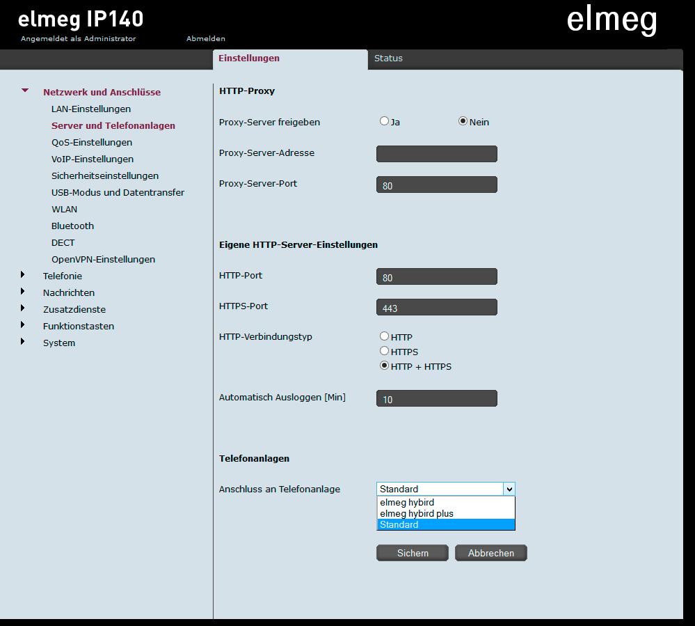 Installationshilfe elmeg IP140 Einstellungen elmeg IP140 D Hier wählen Sie aus, ob das Telefon an einer elmeg hybird Anlage oder an einer anderen SIP- Telefonanlage betrieben wird.