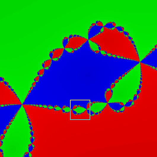 nächster gezeigt wird. Die Grenze ist selbstähnlich, d. h. fortgesetztes Zoom gibt immer wieder dieselben Strukturen.