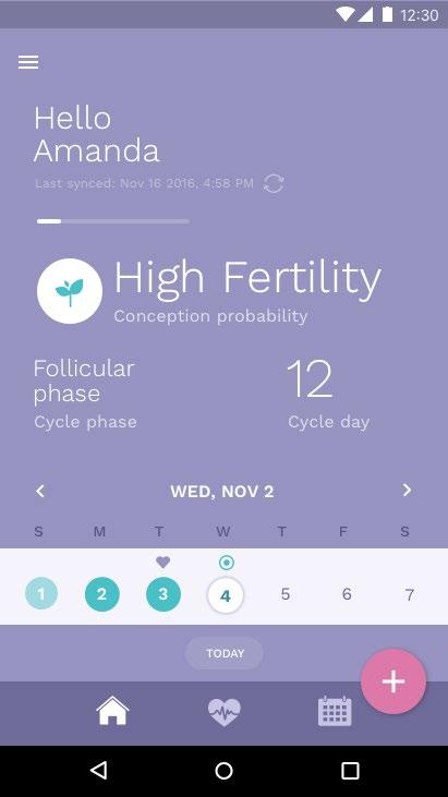 Benutzen der App 9 Ereignisse Voraussichtlicher Eisprung Eingetragener Geschlechtsverkehr Farben Regelblutung Hohe und max.