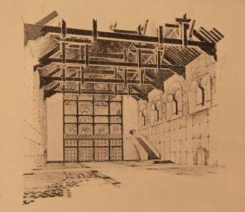 Zweiter Entwurf für den Wettbewerb des Amsterdamer Rathauses (Belfort II), 1938. Ansichtsskizze: Interieur des Bürgersaals.