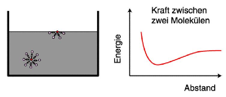 c) Oberflächenspannung u. Kapillarität Grenzflächen zwischen flüssig, fest und gasförmig Beobachtung: Oberfläche einer Flüssigkeit an Gas verhält sich wie eine elastische Haut.