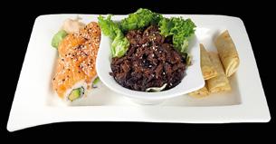 Minirollen, 2 Sushi, 3  Nudeln mit Gemüse, knusprige Ente A5 Asia Teller 5 A,D,N 10,80