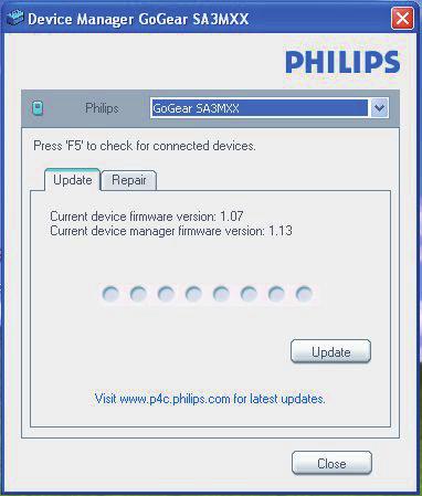 14 Aktualisieren Sie die Firmware über Philips Device Manager Wenn das Gerät verbunden ist, wird "SA5AZUX" im Textfeld angezeigt. Sie können die aktuelle Firmware- Version des Geräts herausfinden.