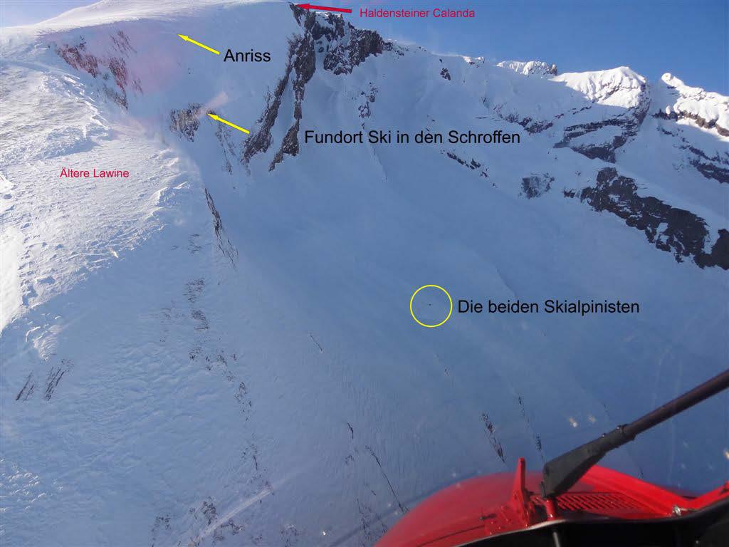 Abbildung 70: Haldensteiner Calanda (2805 m, Untervaz/GR): eine Person einer Zweiergruppe löste eine Schneebrettlawine aus und wurde über eine Steilstufe mitgerissen.