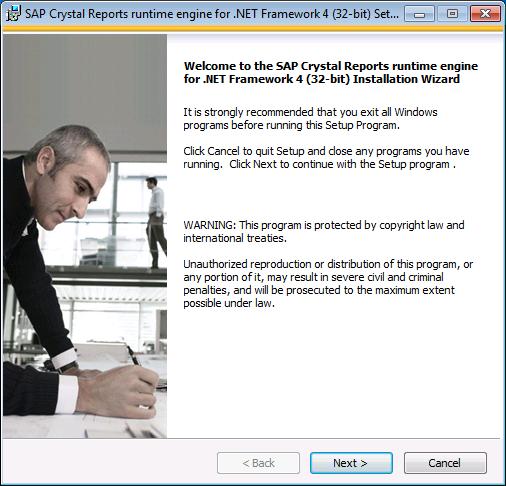 Im nächsten Schritt startet sich die SAP Crystal Reports Installation. Klicken Sie hier auf Next. In seltenen Ausnahmefälle öffnet sich dieses Fenster im Hintergrund.