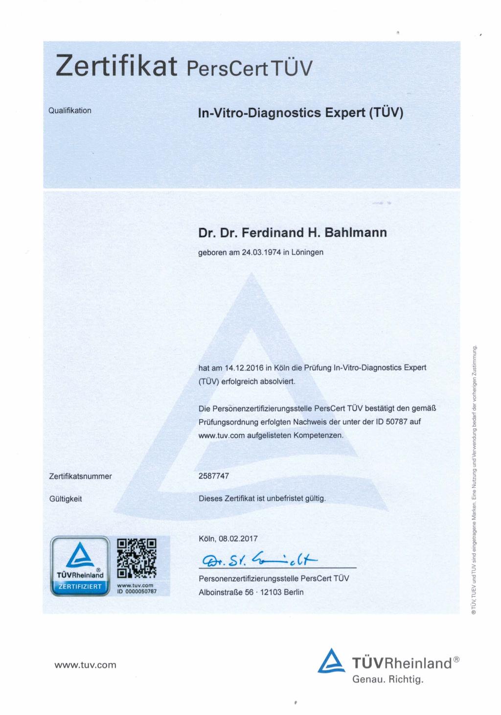 Zertifikat PersCertTüV Qualifikation ln vitro diagnostics Expert TüV Dr Dr