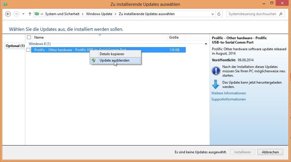 Hinweise: Sobald WindowsUpdate ein Update von Prolific anbietet, darf dieses nicht installiert werden,