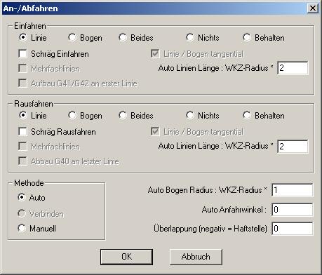 An-und Abfahrwege hinzufügen (Bearbeitung 3) Wählen Sie NC-PFADE An- und Abfahren... Licom AlphaCAM blendet die folgende Dialogbox ein, die Sie bitte wie folgt ausfüllen.
