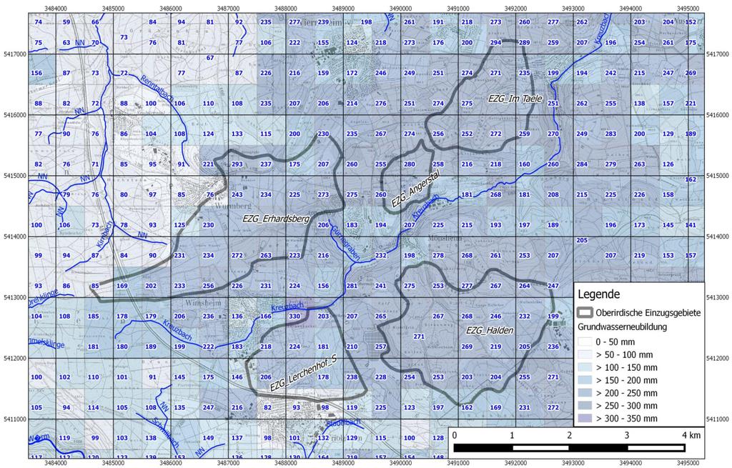 Grundwasserneubildung (GWneu) SCHNEIDER Büro für Hydrogeologie und Umweltschutz N < 100 mm/a = 3 l/(s*km²) = gering GWneu >