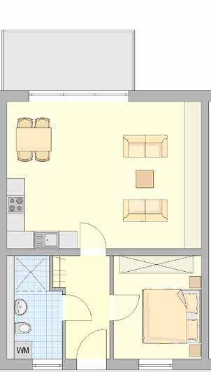 Moderner Grundrss Wohnungstyp C 2-Zmmerwohnung m 1. bs 3. Obergeschoss Größe m 1. OG ca. 63 qm nkl. Terrasse (zu ½) Größe m 2.-3. OG ca. 58 qm nkl.
