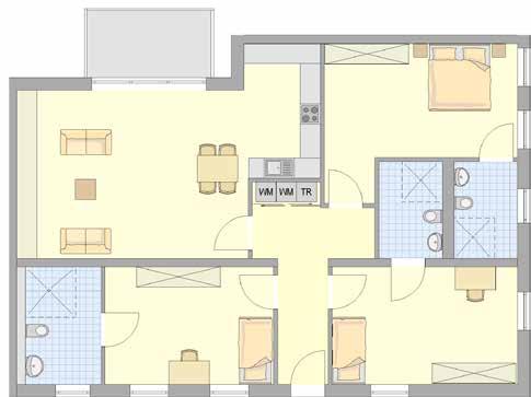 18 qm große Terasse zum Innenhof (Westen) Wohnen n Gemenschaft Wohnungstyp D 1-Zmmerappartement m 1. bs 3. Obergeschoss mt Gemenschaftsberech Wohnfläche ca.