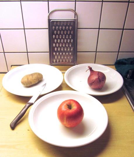 Forscherauftrag Nr. 1 1 Apfel 1 Kartoffel 1 Zwiebel Küchenmixer oder Reibe 3 Teller 3 Teelöffel Küchenmesser Augenbinde Was ist was? 1. Schäle jeweils einen Apfel, eine Zwiebel und eine Kartoffel und schneide sie in Stücke.