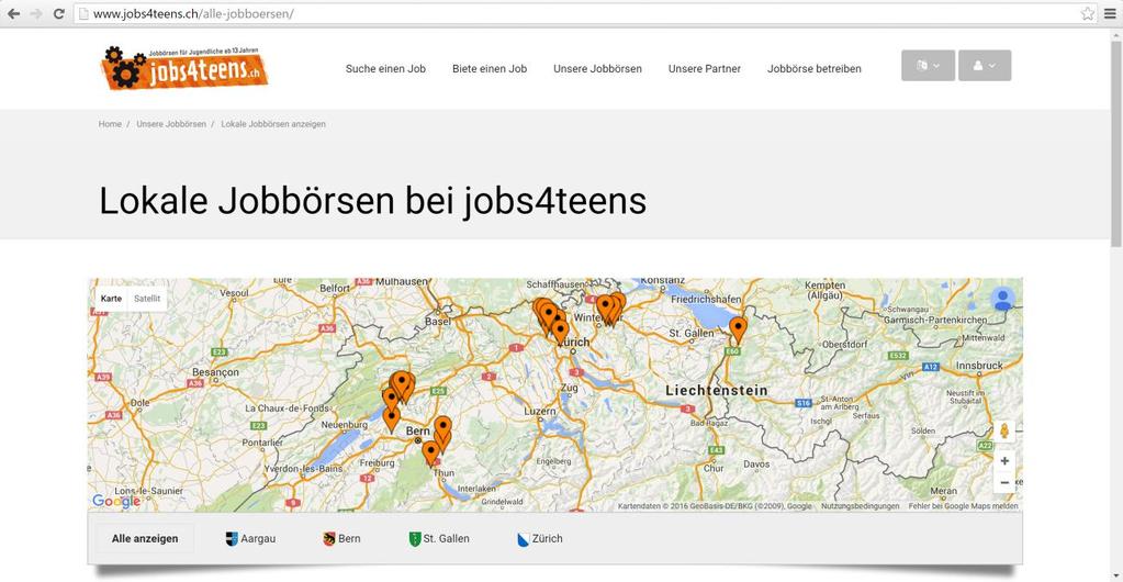 Unsere Jobbörsen Navigation: Alle Jobbörsen Anzeige aller lokalen Jobbörsen, inklusive der Standorte Alle Standorte werden angezeigt Unterteilung in Kantone Hinweise Fahne in der Karte mit Link zu