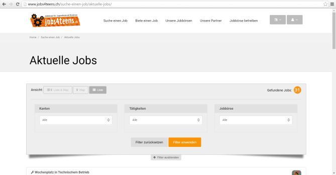 Suche einen Job Navigation: Suche einen Job / aktuelle Jobs Anzeige aller aktuellen Jobs Karteansicht: Mit Klick auf Fahne wird der Standort angezeigt und die aktuellen Jobs Listenansicht: Kurzer