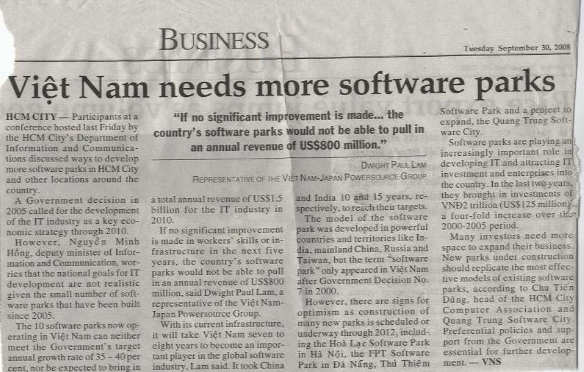 Abb.14: Zeitungsartikel aus Vietnam News vom 30.09.2008 Derzeit werden zwei Unternehmen vom Business Incubator unterstützt: beide sind Tochterunternehmen größerer Unternehmen mit Sitz in den USA bzw.