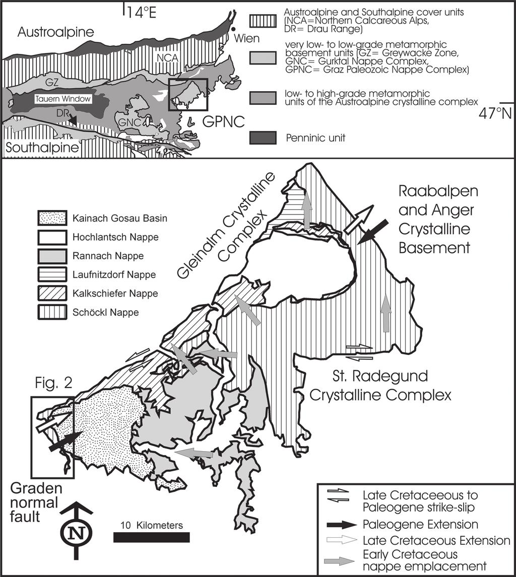 Fig. 1: Location and tectonic structure of the study area within the Eastern Alps. Arrows indicate the direction of Early Cretaceous nappe emplacement (compiled from Fritz 1991 and Neubauer & al.