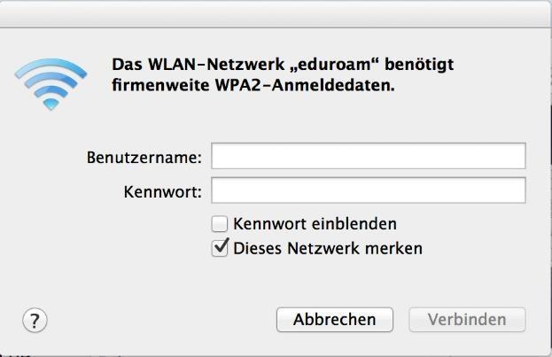 5. MAC OS X Klicken Sie auf das WLAN-Symbol und wählen Sie eduroam aus.