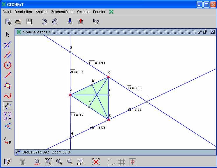 neues Dreieck, das Seitenmittendreieck (2) Eckpunkt und gegenüberliegende Seite anklicken: Parallele wird angezeigt (2) benachbarte Seiten des neu entstandenen Dreiecks anklicken: Schnittpunkte (bzw.