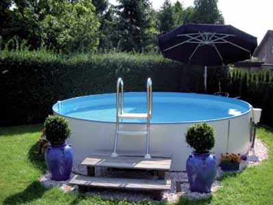 34 Pool-Set Milano blue Der Lieferumfang des Milano Pool-Sets: Milano Rundbecken Edelstahlleiter als Hoch- bzw.