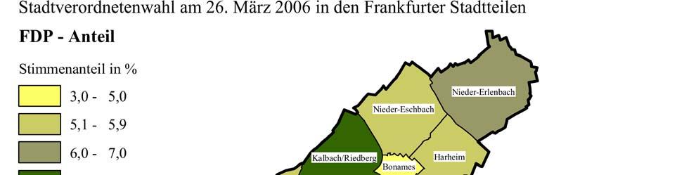 56 Das Wahlverhalten in den Frankfurter Stadtteilen Abbildung 3.7 Stadtteile sortiert nach dem FDP-Anteil in % Nr. Stadtteil Anteil Nr.