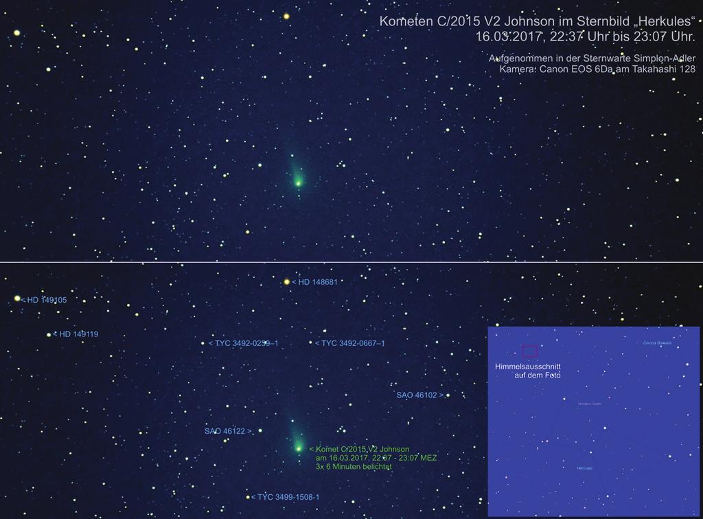 Sichtbare Kometen im März und April 2017 (2/2) von Remo Glaisen Der zweite Komet, den ich an diesem Abend fotografieren wollte, C/2015 V2 Johnson, befand sich im Sternbild Herkules.