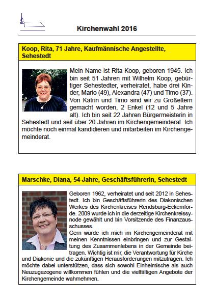 Kirchenwahl 2016 Koop, Rita, 71 Jahre, Kaufmännische Angestellte, Sehestedt Mein Name ist Rita Koop, geboren 1945.