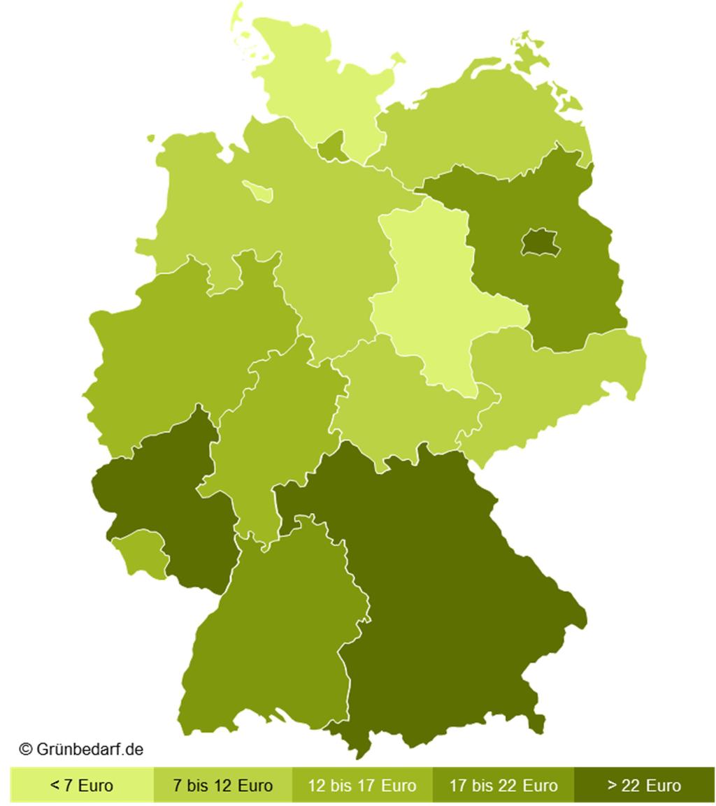 3 Ergebnisse im Detail 3.1 Wie teuer ist ein Kleingarten pro Quadratmeter? Die Schrebergartenpreise variieren von Bundesland zu Bundesland.