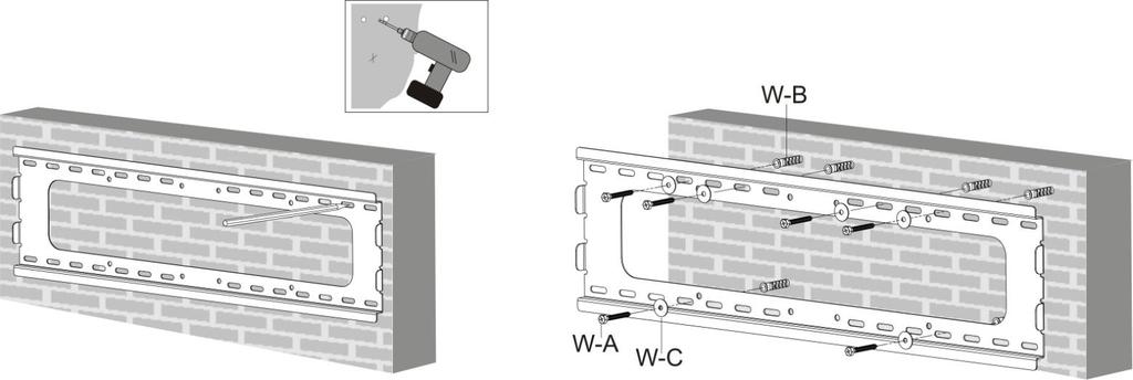 Anbringen an einer Vollziegel- oder Betonwand Warnung Wenn Sie die Halterung an einer Wand aus Betonschalsteinen anbringen, muss der Beton in dem für die Dübel gebohrten Loch mindestens zwischen 95