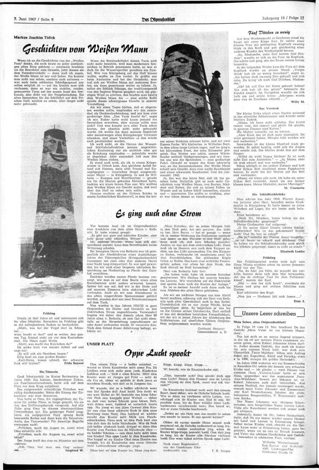 3. 'Juni 1967 / Seite 8 Jahrgang 18 / Folge 22 Markus Joachim Tidiok beschichten vom Weißen Wann Wenn ich an die Geschichten von der Weißen Frau" denke, die noch heute zu jeder anständigen alten Burg