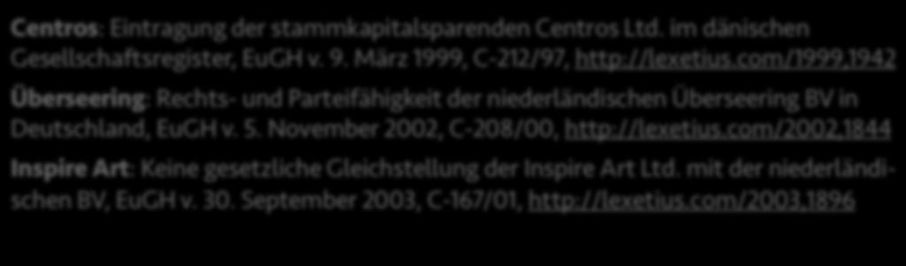 März 1999, C-212/97, http://lexetius.com/1999,1942 Überseering: Rechts- und Parteifähigkeit der niederländischen Überseering BV in Deutschland, EuGH v. 5.
